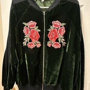 Nordstrom Dark Green Velvet Bomber Jacket with Red Floral Embroidery